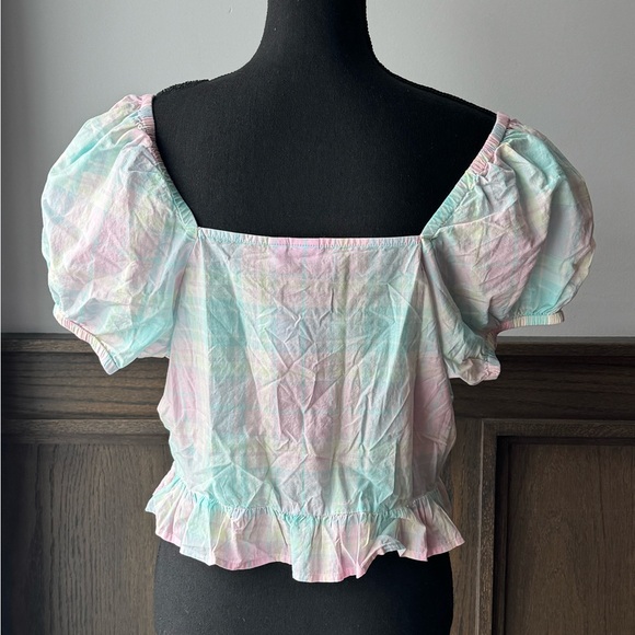 Abound Crop Top Tie Front Puff Sleeve Pastel Plaid Crop Top Size XL. NWT - Picture 2 of 4